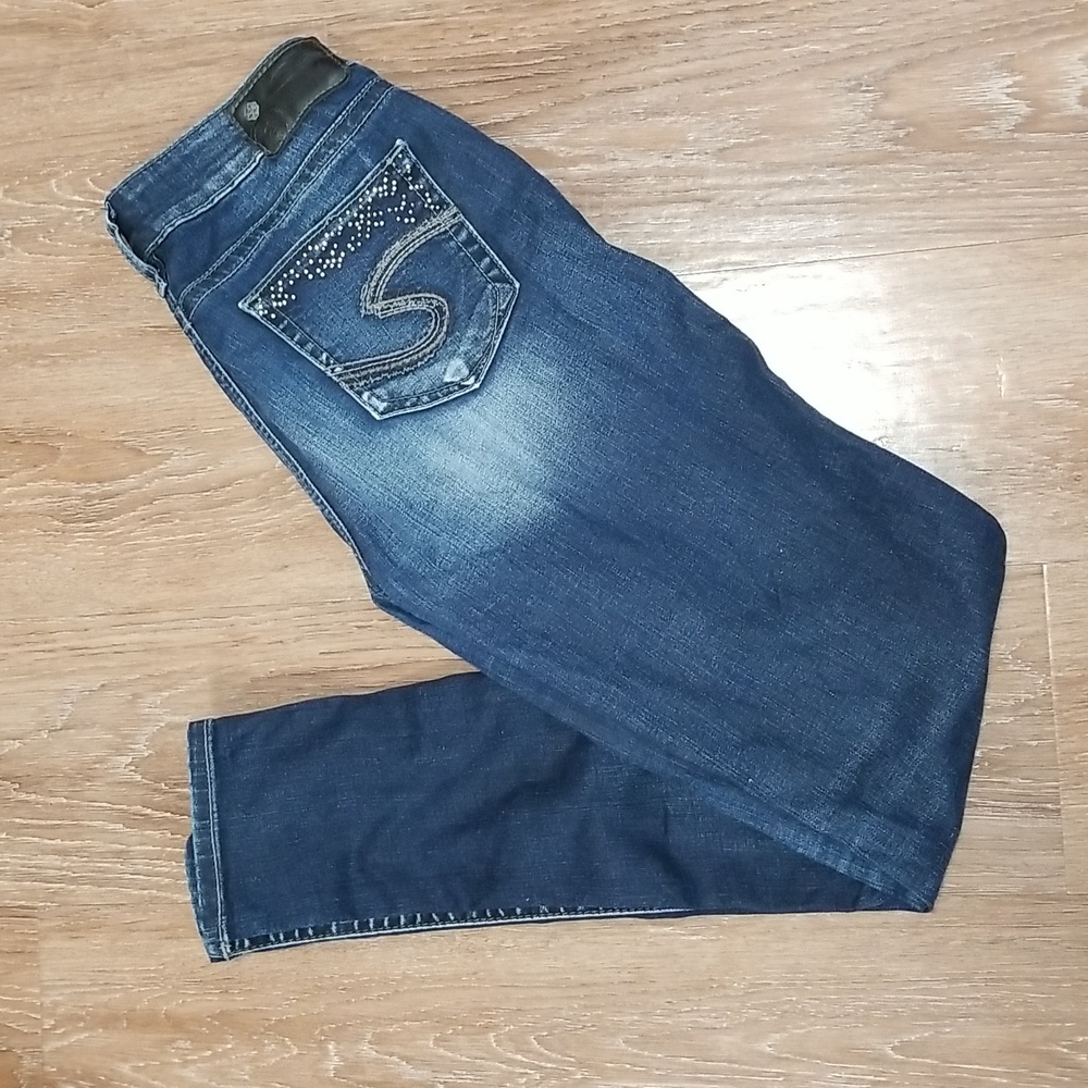 (26W/31L) Silver Jeans Co. Fluid Denim Suki Mid Rise Super Skinny Embellished